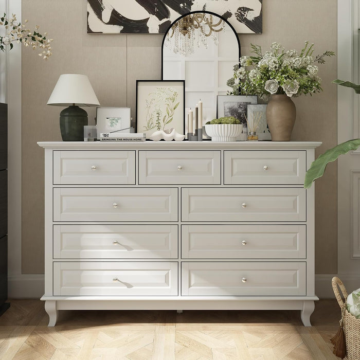 9 Drawer Dresser for Bedroom, White Dresser with Rubberwood Legs