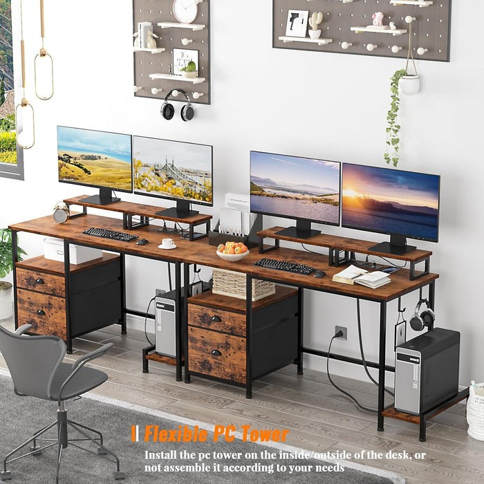 47" Computer Desk with File Cabinet and Power Outlets, Home Office Desk with 2 Monitor Stands and Storage Drawer, Writing Gaming Table with Shelves and 2 Hooks for Bedroom, Rustic Brown - ShipItFurniture