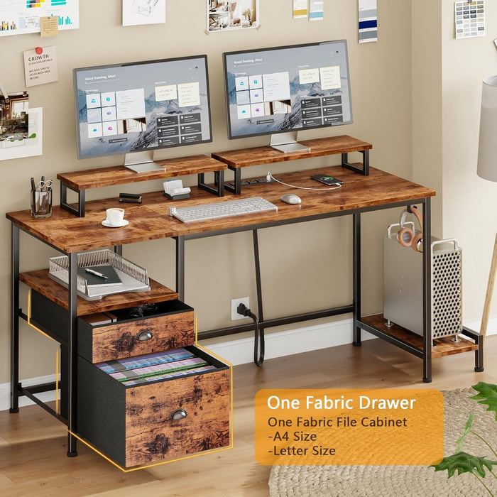 47" Computer Desk with File Cabinet and Power Outlets, Home Office Desk with 2 Monitor Stands and Storage Drawer, Writing Gaming Table with Shelves and 2 Hooks for Bedroom, Rustic Brown - ShipItFurniture