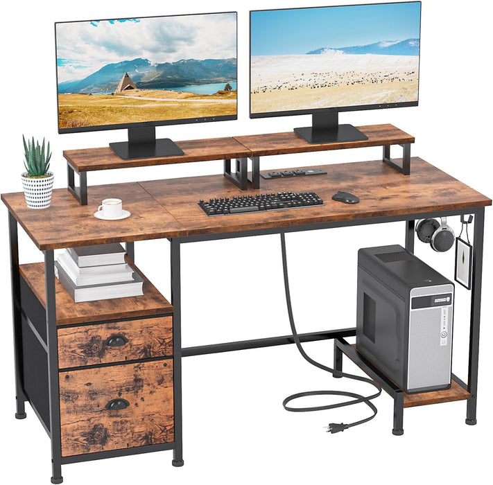 47" Computer Desk with File Cabinet and Power Outlets, Home Office Desk with 2 Monitor Stands and Storage Drawer, Writing Gaming Table with Shelves and 2 Hooks for Bedroom, Rustic Brown - ShipItFurniture