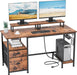 47" Computer Desk with File Cabinet and Power Outlets, Home Office Desk with 2 Monitor Stands and Storage Drawer, Writing Gaming Table with Shelves and 2 Hooks for Bedroom, Rustic Brown - ShipItFurniture