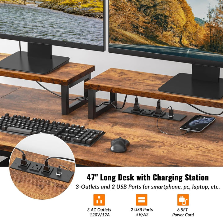 47" Computer Desk with File Cabinet and Power Outlets, Home Office Desk with 2 Monitor Stands and Storage Drawer, Writing Gaming Table with Shelves and 2 Hooks for Bedroom, Rustic Brown - ShipItFurniture