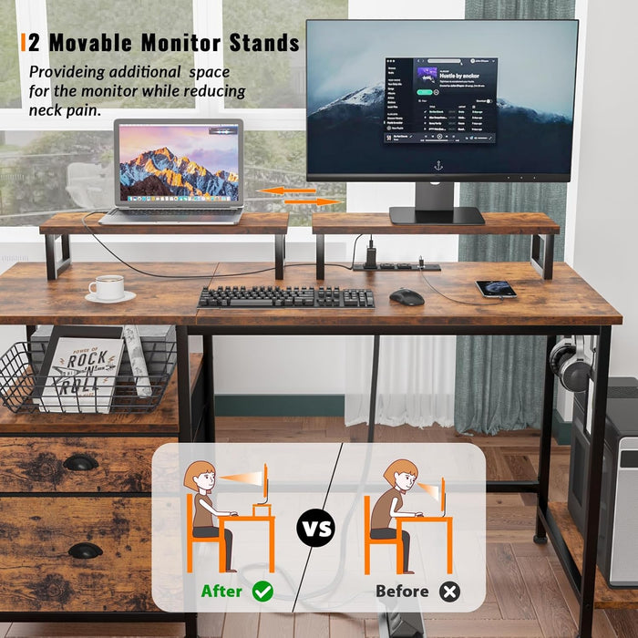 47" Computer Desk with File Cabinet and Power Outlets, Home Office Desk with 2 Monitor Stands and Storage Drawer, Writing Gaming Table with Shelves and 2 Hooks for Bedroom, Rustic Brown - ShipItFurniture