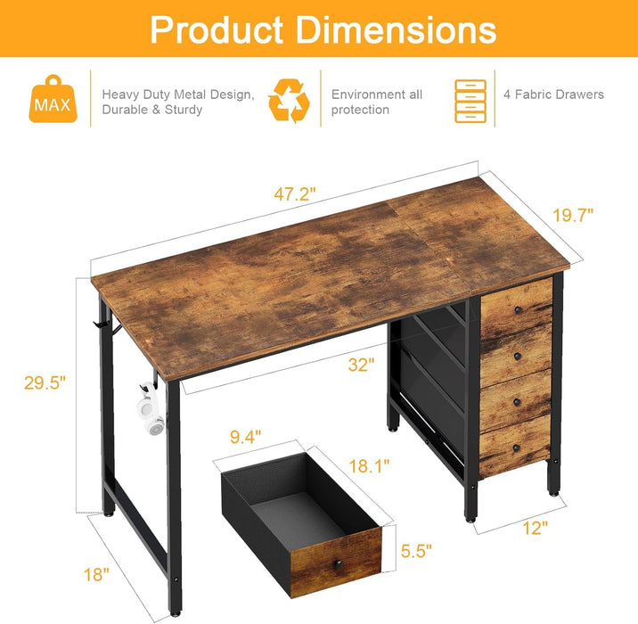47 Inch Computer Office Desk - Home Office Desk with Storage Fabric Drawers, Simple PC Writing Work Desks for Bedroom Boys Girls Teens Childrens, Rustic Brown - ShipItFurniture