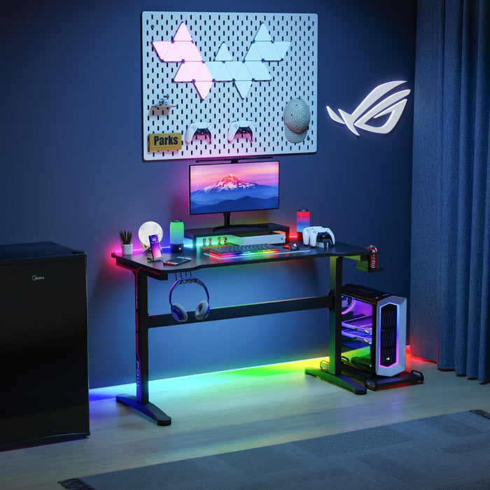 47 Inch Gaming Desk T - Shaped Computer Desk Racing Style Gamer Table with Cup Holder & Headphone Hook Office Desk Modern Workstation for Home Office & PC Gaming Setup - ShipItFurniture