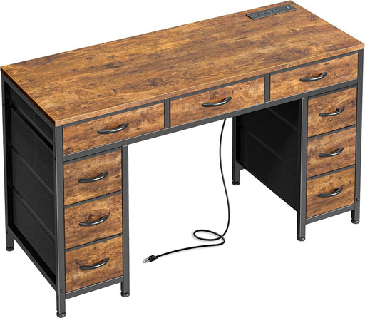 47 Inch Office Desk with Outlets, Computer Desk with 9 Fabric Drawers, Writing Gaming Work Study Desk for Bedroom, Living Room, Home Office, Large Storage, Rustic Brown - ShipItFurniture