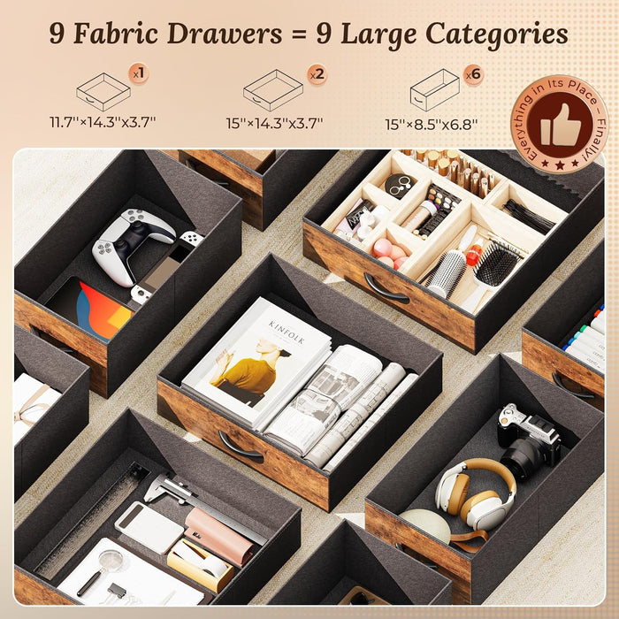 47 Inch Office Desk with Outlets, Computer Desk with 9 Fabric Drawers, Writing Gaming Work Study Desk for Bedroom, Living Room, Home Office, Large Storage, Rustic Brown - ShipItFurniture