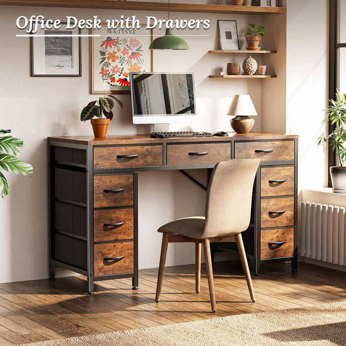 47 Inch Office Desk with Outlets, Computer Desk with 9 Fabric Drawers, Writing Gaming Work Study Desk for Bedroom, Living Room, Home Office, Large Storage, Rustic Brown - ShipItFurniture