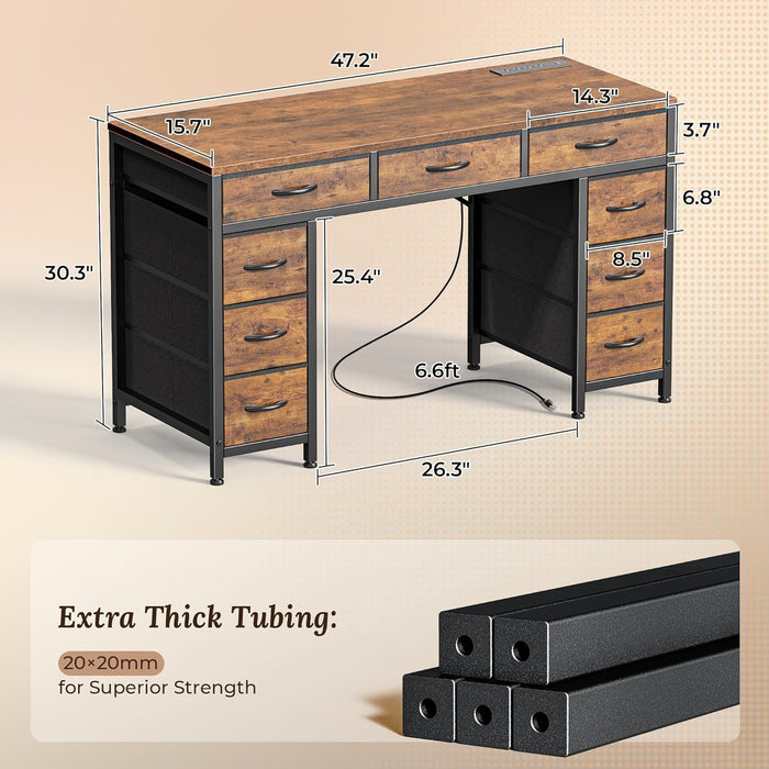 47 Inch Office Desk with Outlets, Computer Desk with 9 Fabric Drawers, Writing Gaming Work Study Desk for Bedroom, Living Room, Home Office, Large Storage, Rustic Brown - ShipItFurniture