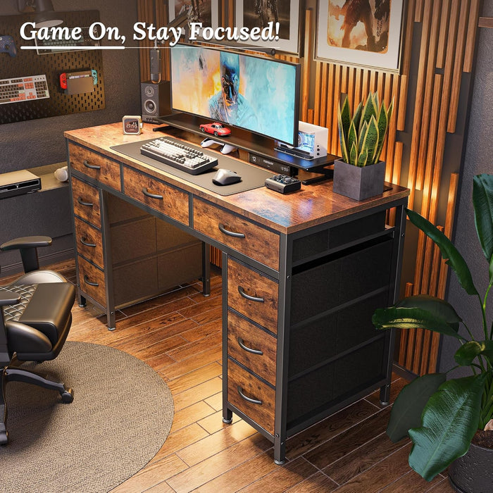47 Inch Office Desk with Outlets, Computer Desk with 9 Fabric Drawers, Writing Gaming Work Study Desk for Bedroom, Living Room, Home Office, Large Storage, Rustic Brown - ShipItFurniture