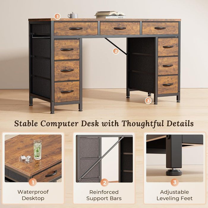 47 Inch Office Desk with Outlets, Computer Desk with 9 Fabric Drawers, Writing Gaming Work Study Desk for Bedroom, Living Room, Home Office, Large Storage, Rustic Brown - ShipItFurniture