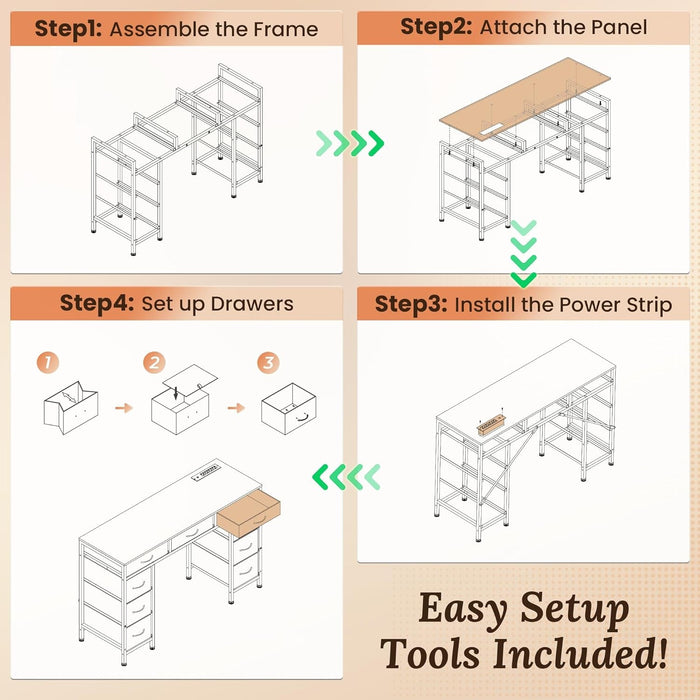 47 Inch Office Desk with Outlets, Computer Desk with 9 Fabric Drawers, Writing Gaming Work Study Desk for Bedroom, Living Room, Home Office, Large Storage, Rustic Brown - ShipItFurniture