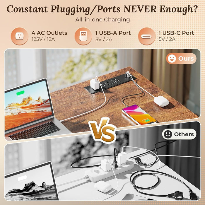 47 Inch Office Desk with Outlets, Computer Desk with 9 Fabric Drawers, Writing Gaming Work Study Desk for Bedroom, Living Room, Home Office, Large Storage, Rustic Brown - ShipItFurniture