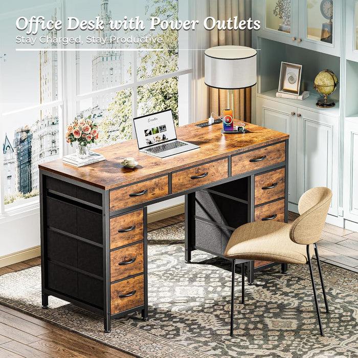 47 Inch Office Desk with Outlets, Computer Desk with 9 Fabric Drawers, Writing Gaming Work Study Desk for Bedroom, Living Room, Home Office, Large Storage, Rustic Brown - ShipItFurniture