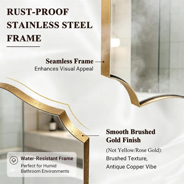 30"X40" Brushed Gold Bathroom Mirror, Large Rectangle Scalloped Mirror, Antique Brass Mirror in Rust-Proof Stainless Steel 1" Frame, Unique Wavy Design, Ideal for Home Remodel