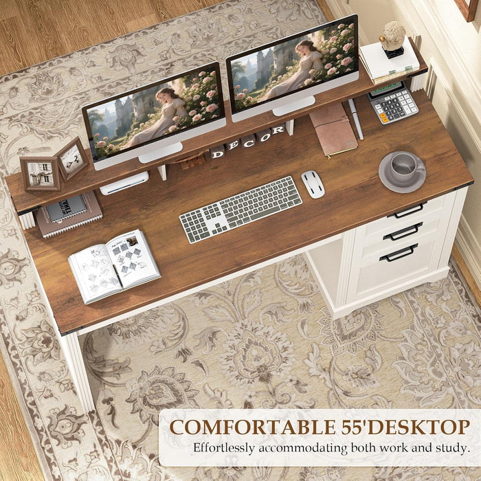 55" Farmhouse Executive Desk with 3 Drawers, Wooden Computer Desk with Keyboard Tray, Home Office Desk with File Drawer (Fits A4 Size) for Work and Study, White and Brown