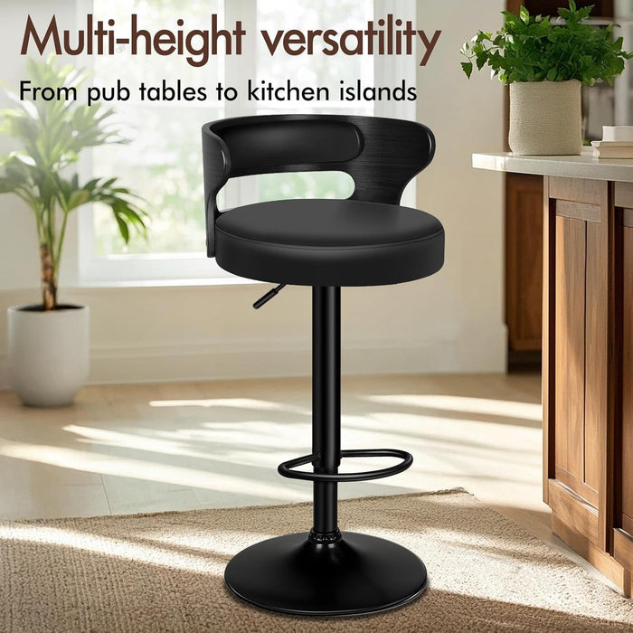 Bar Stools Set of 2, Adjustable Swivel Bar Chairs with Faux Leather Upholstery, Counter Height and Wooden Backrest for Kitchen Islands, Black