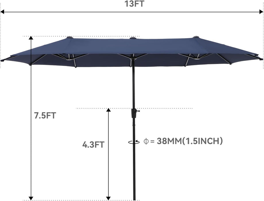 13Ft Rectangle Patio Umbrella, Double Sided Outdoor Table Umbrella with Crank & 1.5" Pole, Large Market Umbrella for Poolside Garden Deck Backyard, Navy Blue