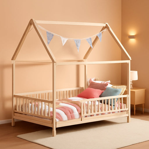 Queen Size Montessori Floor Bed Fence NaturalFinish
