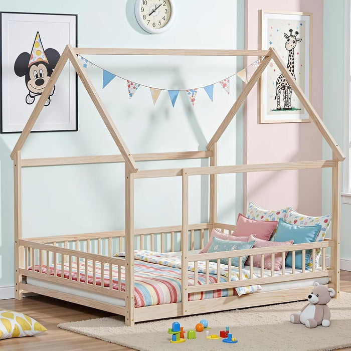 Queen Size Montessori Floor Bed Fence NaturalFinish