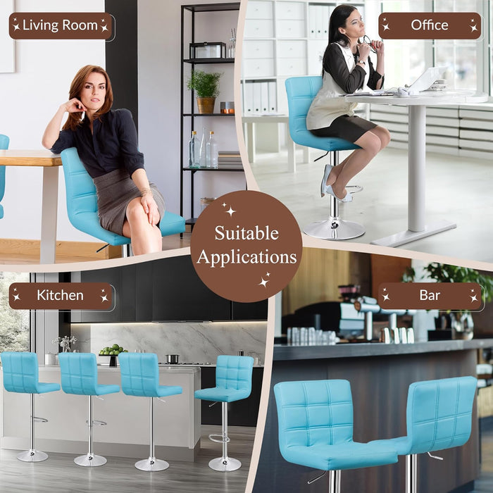 Set of 4 Adjustable Swivel Barstools, Modern PU Leather Kitchen Counter Bar Stools, Square Back Bar Stool (Blue)