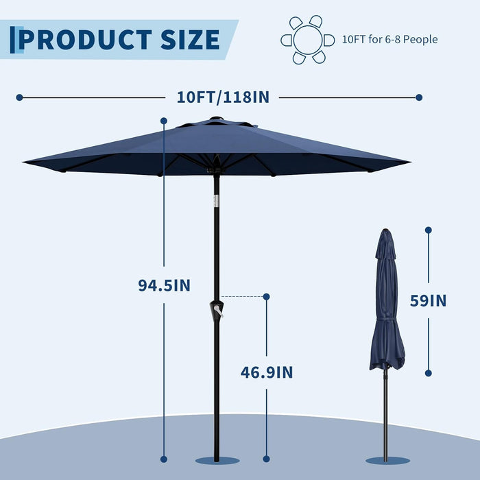 10FT Umbrella Outdoor Patio, Backyard Umbrella with 8 Sturdy Ribs, Push Button Tilt and Crank, Waterproof UV Protection for Garden, Table, Pool, Market