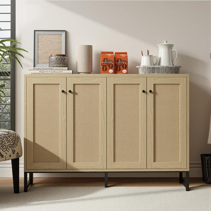 Sideboard Accent Storage Cabinet with Rattan Decorated 4 Doors Dining Room Freestanding Kitchen Buffet Table Cupboard (Natural)