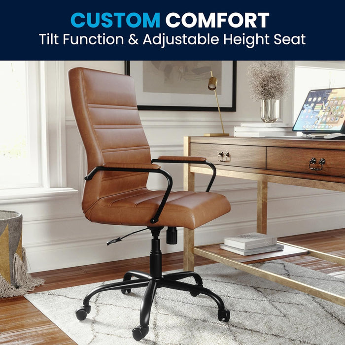 Whitney High-Back Swivel Leathersoft Desk Chair with Padded Seat and Armrests, Adjustable Height Padded Leathersoft Office Chair, Brown/Black Gold