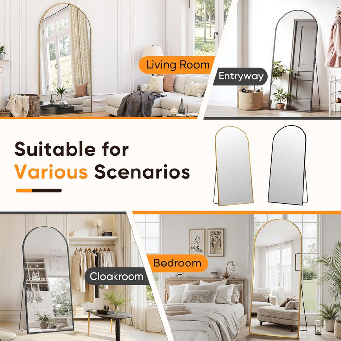Full Length Mirror, 71"X32" Floor Standing Mirror Freestanding, Full Body Mirrors with Stand for Bedroom, Hanging Mounted for Living Room Cloakroom, Black, Arched Style