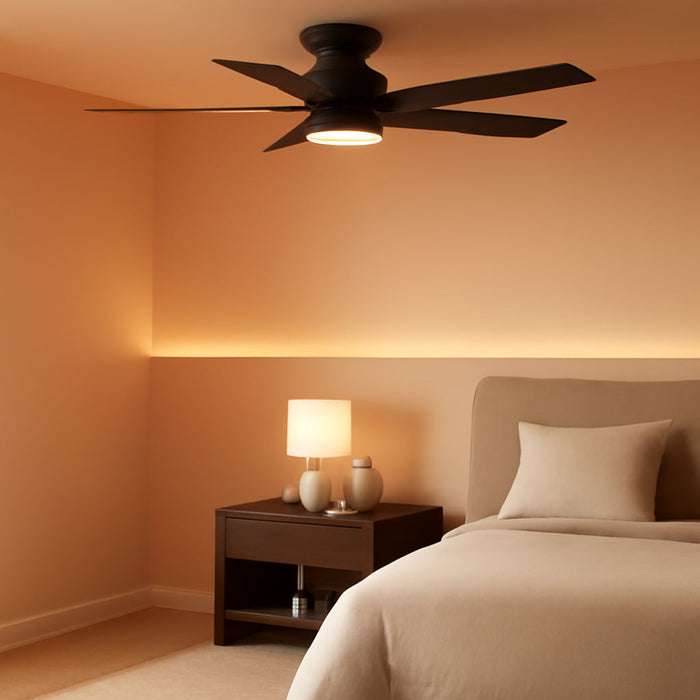 Ceiling Fans with Lights 52 Inch, Flush Mount, Remote Control, 3CCT Dimmable, 6 Speeds, Quiet Reversible DC Motor, Low Profile Hugger Black Ceiling Fan for Bedroom, Living Room, Indoor/Outdoor, ETL
