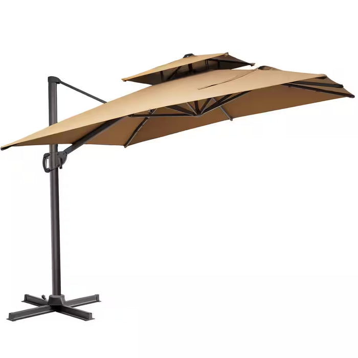 Double Top 11 Ft. X 9 Ft. Rectangular Heavy-Duty 360-Degree Rotation Cantilever Patio Umbrella in Tan