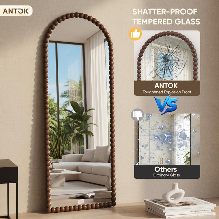 71" X 28" Arched Full Length Mirror, Antique Beaded Frame Floor Standing or Wall Mounted Mirror with Stand for Bedroom, Entryway, Brown, Luxury Style
