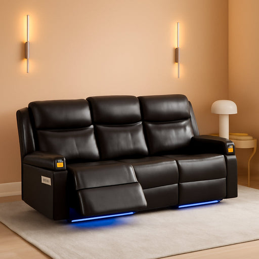 Power Reclining Sofa with Colorful LED Lights, Wall Hugger Reclining Sofa, Space-Saving RV Sofa with USB Charging & Side Pocket for Living Room, Apartment (Brown, Sofa) | Wall Hugger, LED Lights, RV Sofa