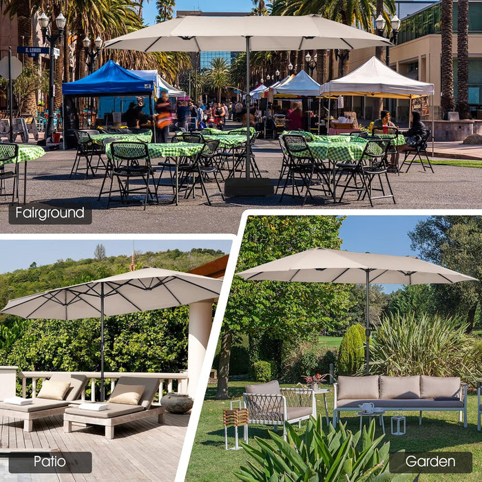 15Ft Double-Sided Patio Umbrella, Outdoor Extra Large Umbrella W/Hand-Crank System & Air Vents, Market Twin Umbrella W/ 12-Rib Sturdy Metal Frame for Poolside, Garden Backyard (Beige)