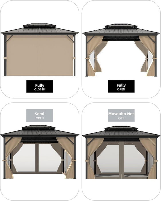 Hardtop Gazebo 10 Ft X14 Ft for All Weather, with Double Metal Roof, Aluminum Alloy Frame, Net, and Curtain, Permanent Building for Patio, Deck, Backyard, Lawn, and Garden