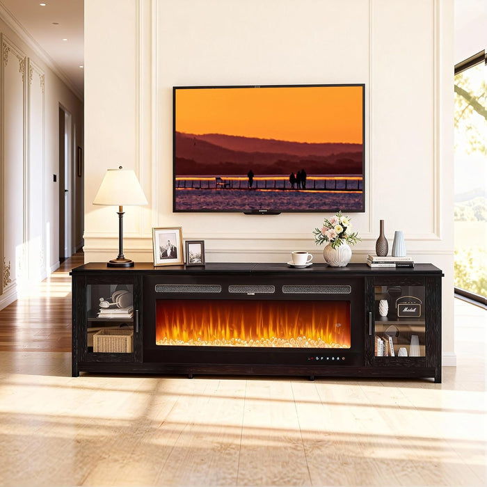 80" Fireplace TV Stand With, Modern 50" Smart Fireplace Fire Place Entertainment Center, Adjustable TV Console with 12-Color LED Lights, for Living Room, Black