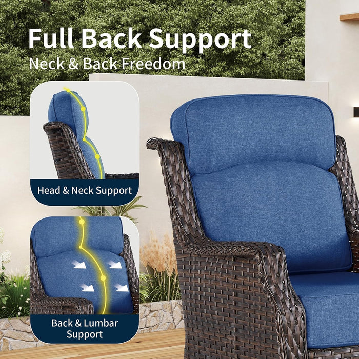 Patio Swivel Rocker Outdoor Chairs of 2 with Side Table, High Back and 6-Inch Thick Cushions, Wicker Swivel Glider Chairs for Porch, Deck, Poolside, Brown/Blue