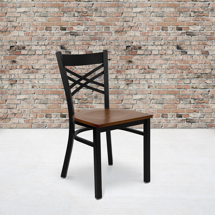 2 Pk. HERCULES Series Black ''X'' Back Metal Restaurant Chair - Cherry Wood Seat