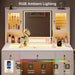 Makeup Vanity Desk with Mirror & LED Lights, Large Glass Top Vanity Table with 7 Drawers & 3 Cabinets, Modern Dressing Table with Charging Station & RGB Lights for Bedroom, White