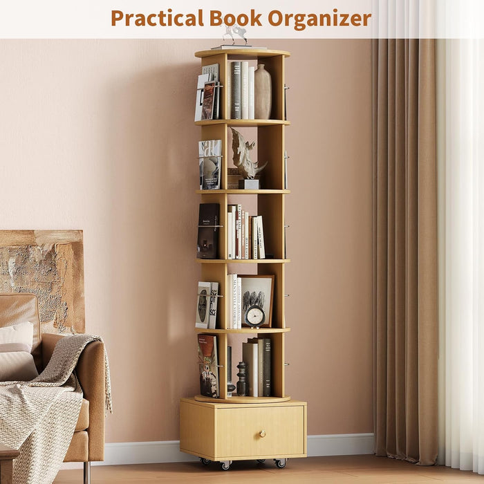 5-Tier Wood Rotating Bookshelf with Drawer & Lockable Wheels, Natural
