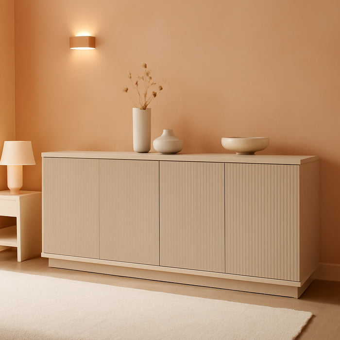 Fluted TV Stand for Tvs up to 75'' with 2 Concealed Ribbed Storage Cabinets and Adjustable Shelves for Living Room, Family Room, or Office, Alder White