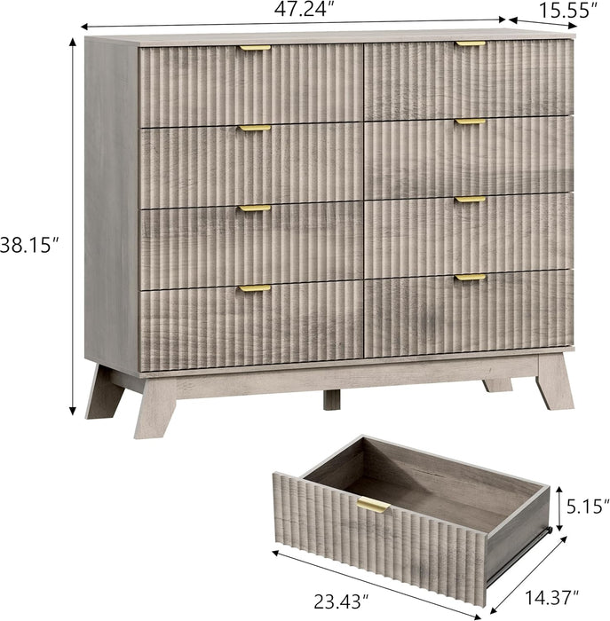 8 Drawer Fluted Dresser for Bedroom, Mid Century Modern Wooden Dresser with 8 Drawers, Dressers & Chests of Drawers with Metal Handle, TV Stand & Storage Organizer for Entryway, Hallway, Grey