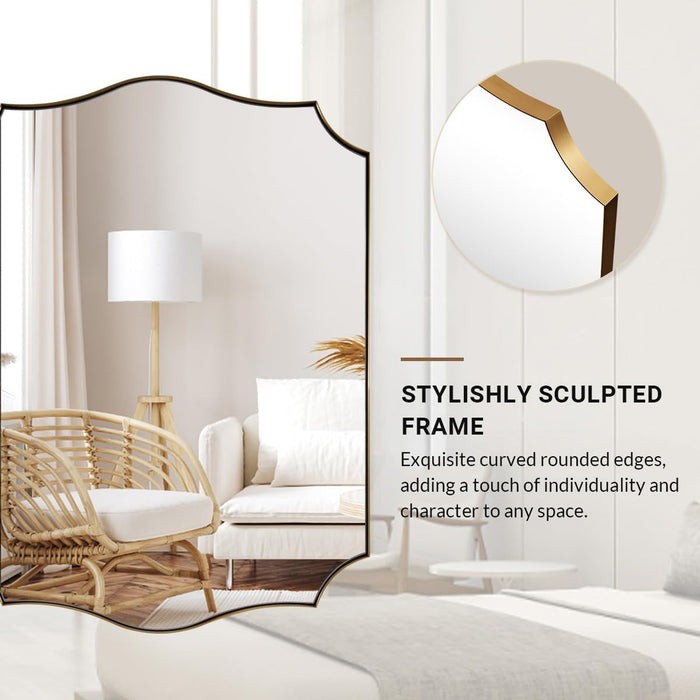 30"X40" Brushed Gold Bathroom Mirror, Large Rectangle Scalloped Mirror, Antique Brass Mirror in Rust-Proof Stainless Steel 1" Frame, Unique Wavy Design, Ideal for Home Remodel