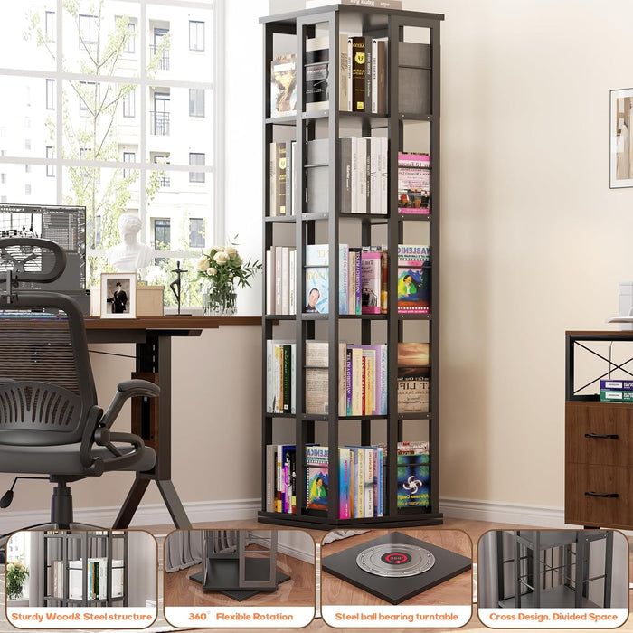 Rotating Bookshelf, Corner Bookcase, 360 Display Wood Spinning Bookshelves, Floor Standing Bookcases Narrow Shelf, 5 Tiers, Black