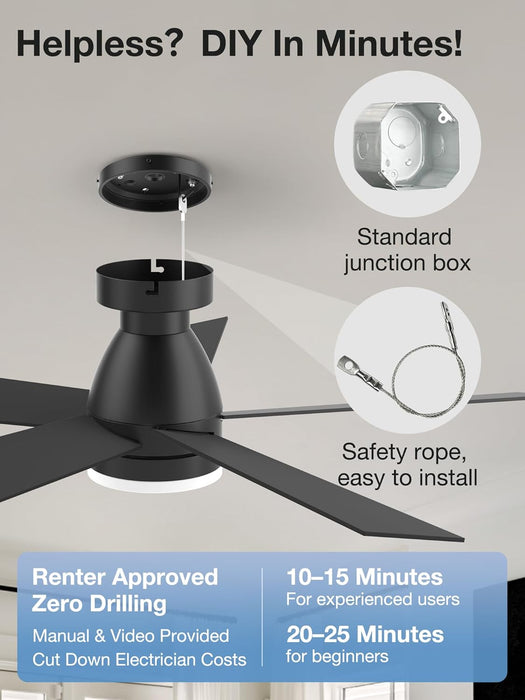 42In Smart Ceiling Fans with Lights Remote,Control via Voice Alexa App,Quiet DC Motor,Flush Mount Low Profile Ceiling Fan for Modern Bedroom,Patio,Outdoor Indoor,Black&Brown,6 Speed,Dimmable,5 Blade