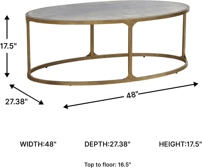 Korajane Oval Coffee Table with Tempered Glass Top, Faux Marble Finish, Steel Frame, 48" W X 27.38" D X 17.5" H, Antique Gold