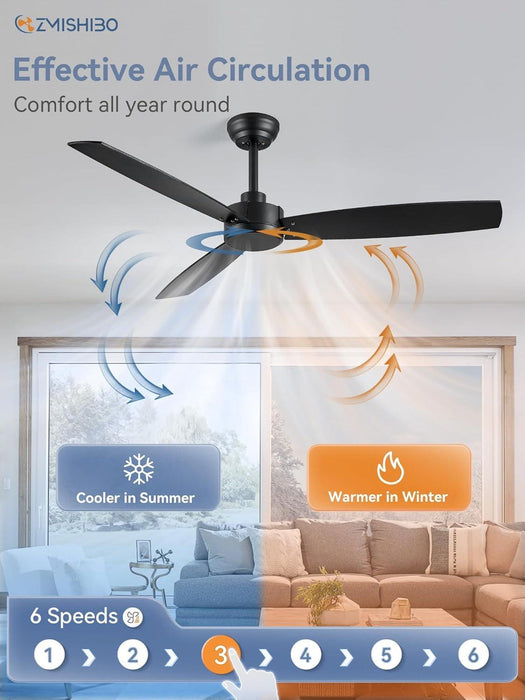 2 Pack 52 Inch Outdoor Ceiling Fans with Remote, Black Ceiling Fan No Light with Quiet Reversible DC Motor, 6 Speeds, 3 Blade Modern Ceiling Fans for Patio Living Room Bedroom Indoor