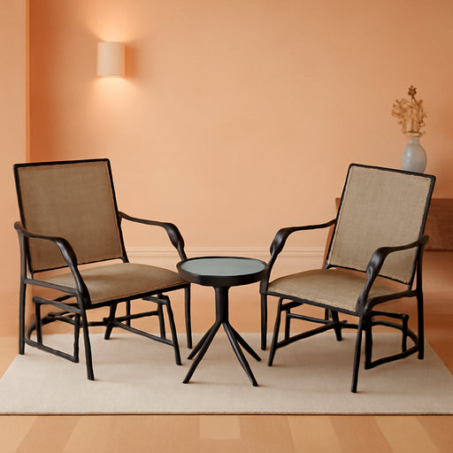 3 Piece Outdoor Glider Chair with Coffee Table Bistro Set, 2 Patio Rocking Swing Chairs with Breathable Sling Fabric, Glass Tabletop, for Backyard, Garden and Porch, Mixed Brown