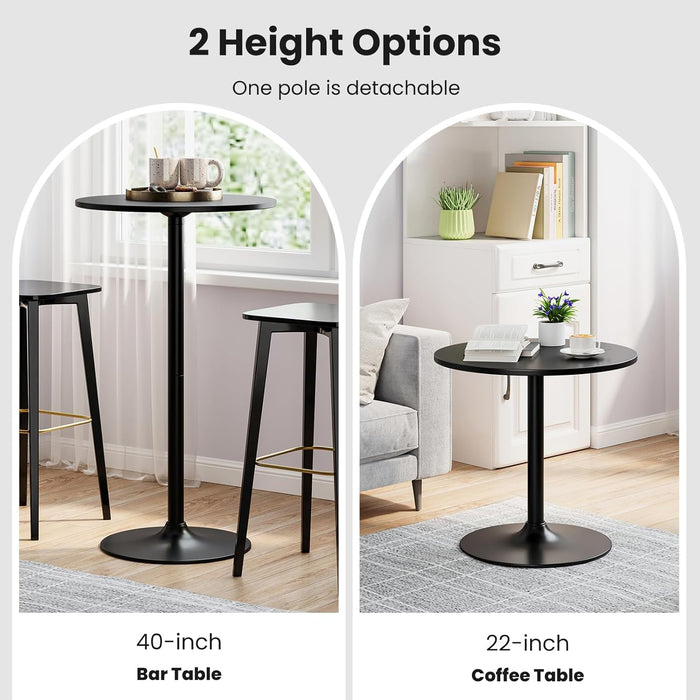 Two-In-One Bar Table with Detachable Pole, Metal Base, 24" round Top, 40"/22" Two Convertible Height, Cocktail Table, Coffee Table, Pub Table for Dining Room, Restaurant, Kitchen (1, Black)