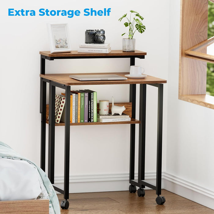 Folding Desk with Adjustable Monitor Stand and Storage Shelf, 24.8In Small Desk with Wheels, Mobile Rolling Table for Small Spaces, Home Office, Walnut